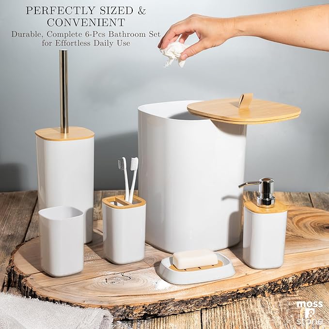 Moss & Stone 6-Pcs White & Bamboo Bathroom Accessories Set, Soap Dispenser | Modern Plastic Bathroom Set with Toothbrush Holder, Soap Dish, Cup & Trash Can for Countertop Organization and Bathroom Decor
