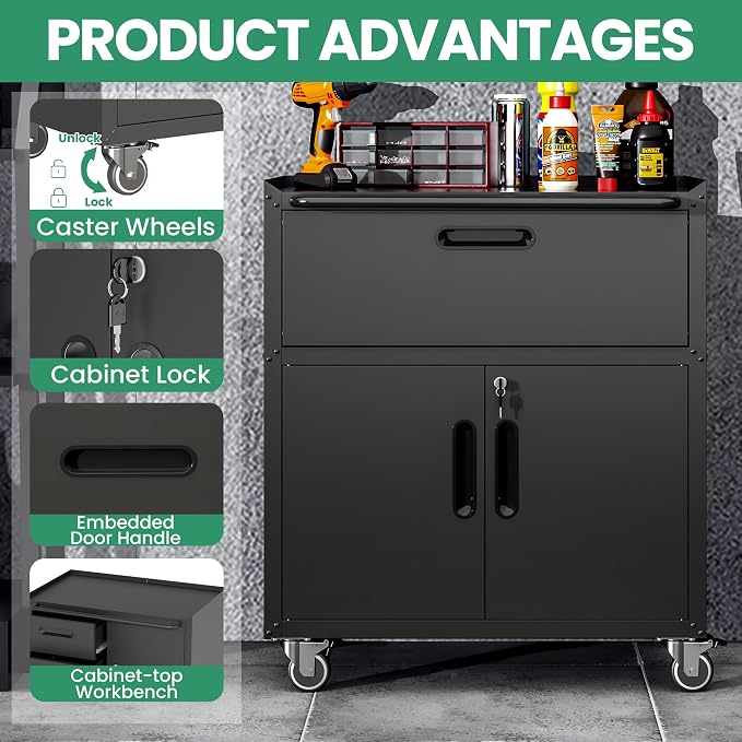 Garage Storage Cabinet System,Wall Cabinet & Locking Rolling Tool Cabinet with Doors and Adjustable Shelves