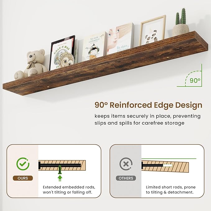 72in Floating Shelves for Wall,72"W x 9.25"D x 1.5"H, Rustic Brown | Long Wall Mounted Engineered Wood Shelves for Wall with Invisible Brackets for Living Room, Bedroom, Bathroom, Kitchen