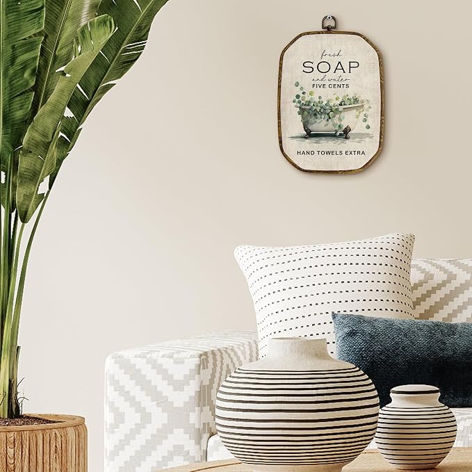 Yjeslw Vintage Eucalyptus Bathroom Octagon Wall Art Decor, 10.2x7 Inches | Rustic Farmhouse Framed Canvas Prints, Cottagecore Botanical Bathtub Wall Hanging Decorations for Bathroom Washroom Decor