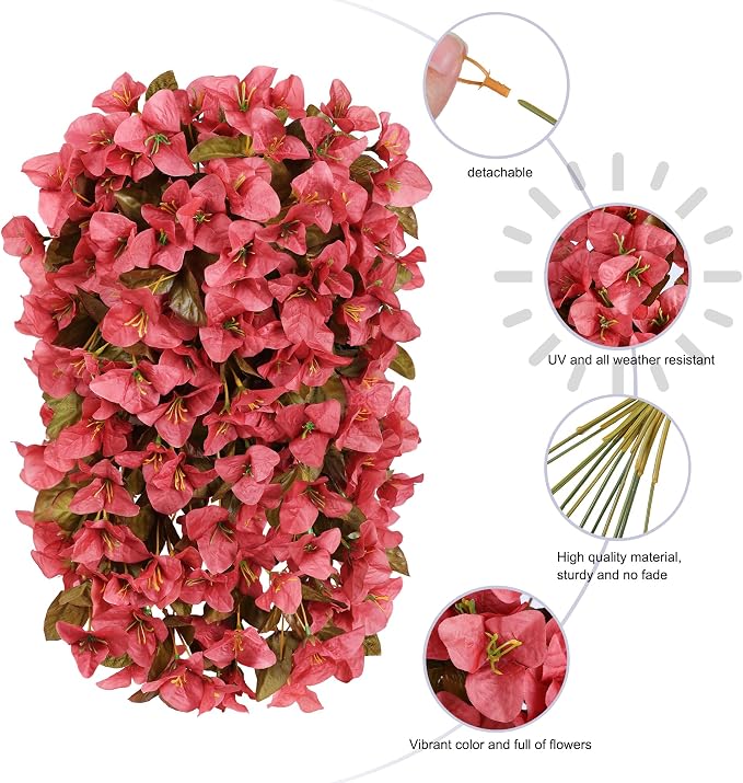 Bougainvillea Artificial Flowers for Outdoors Fake Plants Fall Autumn Decor, 2 pcs Faux Long Trailing Vines UV Resistant Look Real Red Silk Flowers for Outside Planter Front Door Porch Urn Yard Patio
