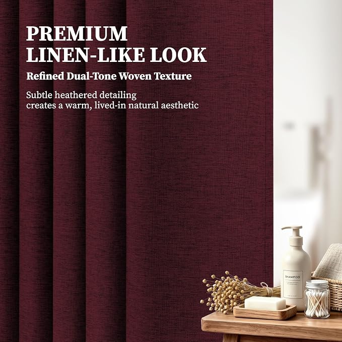 72x78 Linen Textured Waterproof Fabric Shower Curtain Set, Burgundy | Long Size, 230GSM Polyester, Heavy Duty Cloth, Weighted Hem, 12 Plastic Hooks, Modern Luxury Hotel Style, Machine Washable