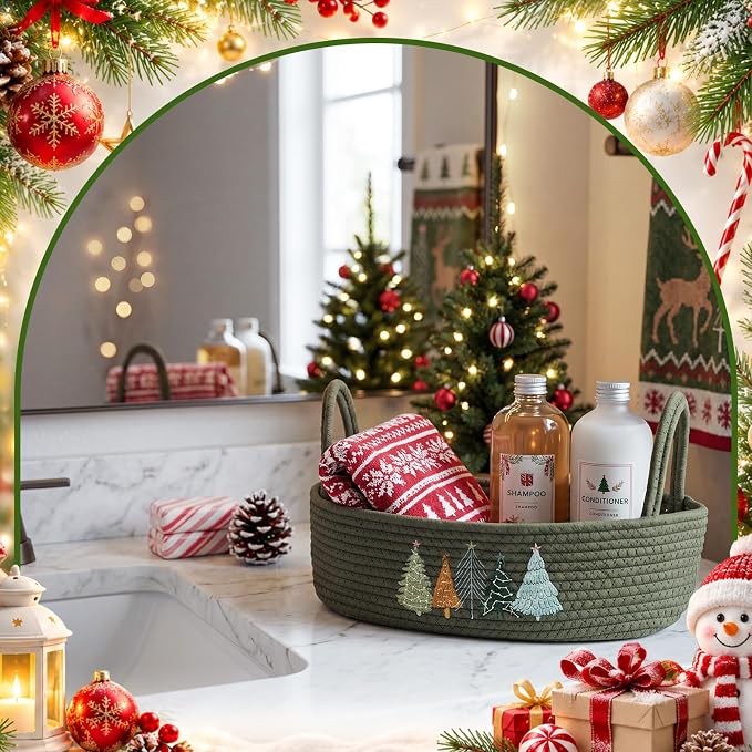 Vesici Christmas Tree Toilet Basket Green Cotton Rope Storage with Handle | Woven Organizer for Bathroom Countertop, Holds Toilet Paper on Tank Top, Christmas Tree Embroidery, Bedroom Nursery, 13x6x4