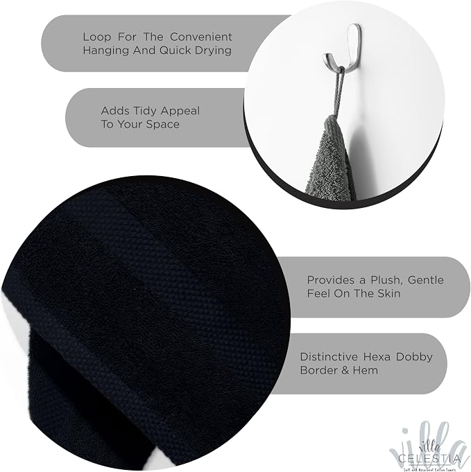 Villa Celestia Cotton Hand Towels Set of 2, 16 x 28, Oeko-TEX Certified, Quick Dry, Black