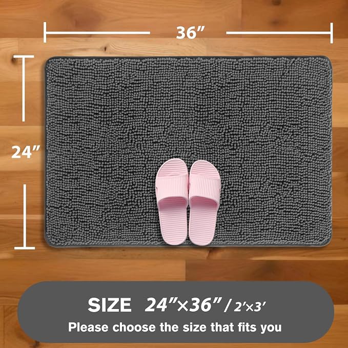 Gray Bathroom Rugs – Absorbent and Washable Bath Mat, Non-Slip, Thick Soft Chenille Bath Rugs for Bathroom Floor, Shower, Sink - 24" x 36"