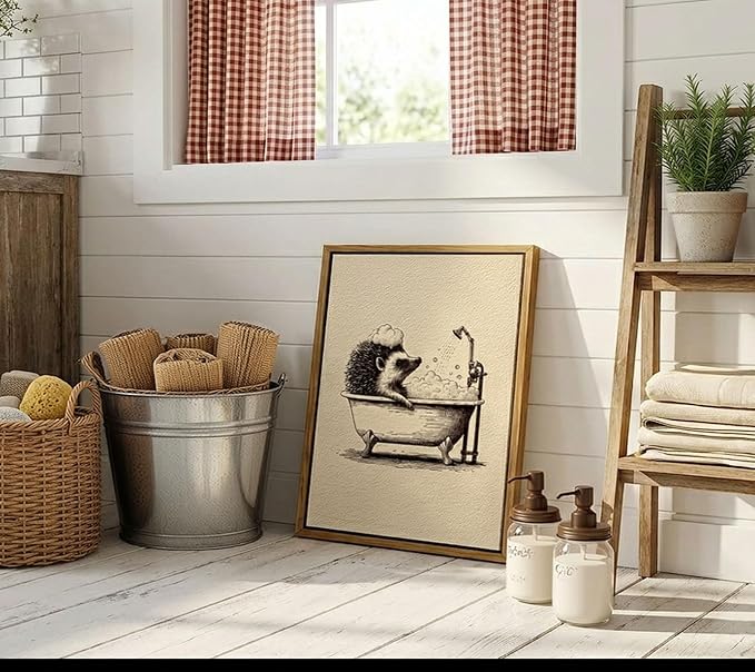Floating Framed Funny Hedgehog Bathroom Canvas Wall Art, Cute Animal Bathing in Bathtub Painting Picture Wall Decor, Vintage Neutral Sketch Poster Print Artwork, for Bathroom, Home Decoration 12x16in