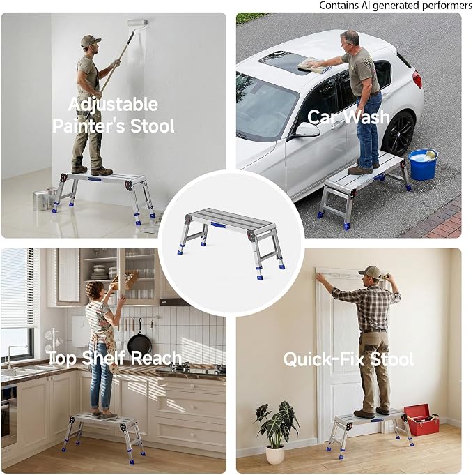 Folding Work Platform for Adults, Portable Aluminum Step Stool 800lb | 14"-19.5" Adjustable Height, 12" x 31.5" Wide Platform for Garage, Painting, Reach High Shelves, Gardening, Car Wash