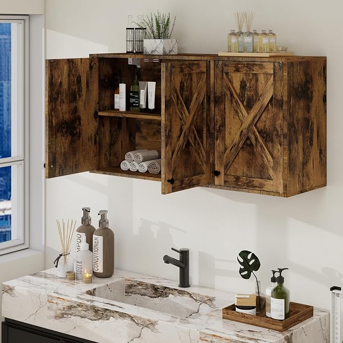 YOURLITE Laundry Cabinet, Medicine Cabinet, Bathroom Kitchen Storage Wall Mounted Farmhouse Organizer with Shelves Over Toilet, 36" Wide, Rustic