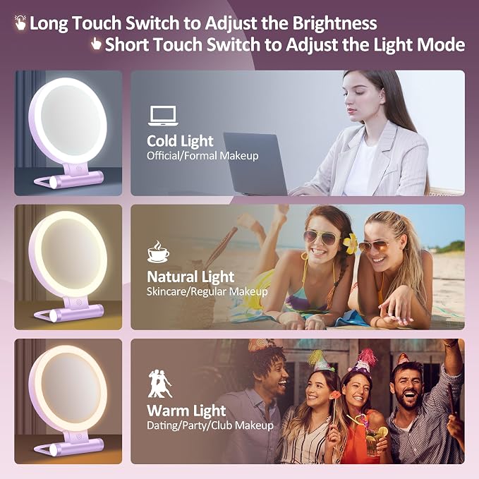 Magnifying Mirror with Light 30X, Double-Sided 1X/30X Magnifying Makeup Mirror with Tweezer, 2000mAh 3 Colour Modes with Adjustable Brightness,Foldable Travel Mirror(Purple)