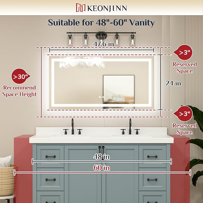 Keonjinn 48x24 Inch LED Bathroom Mirror with Lights, Frontlit & Backlit | HD Tempered Grass, 3-Color Temperature & Stepless Dimmable Lighting, Fast & Safe Defogging, Effortless Installation
