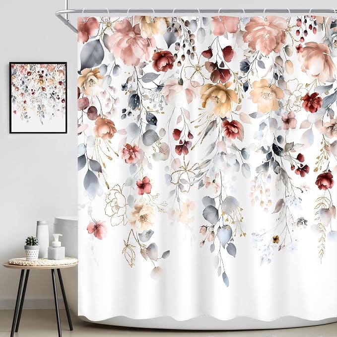 Floral Coral Pink Colorful Blue Eucalyptus Bathroom Shower Curtain Set | 72"W x 72"L Flower Leaves design with waterproof HD artwork, quick-dry fabric and hooks for easy hanging.