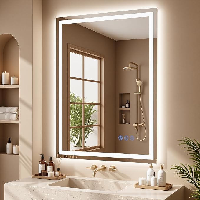 LED Bathroom Mirror with Lights 24"x32", Wall-Mounted Vanity Mirrors Front & Backlit Light Control Stepless Dimmable Anti-Fog Memory 3 Color Temperatures Shatter-Proof Tempered Glass