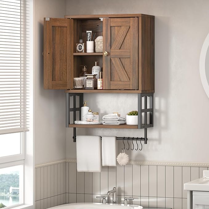 Bathroom Wall Cabinet, Farmhouse Medicine Storage with Towel Bar, Walnut | 2 Doors & Adjustable Shelves 5 Hooks, 3-Tier for Over-Toilet, Laundry, Living, Bedroom, Kitchen, Space Saving