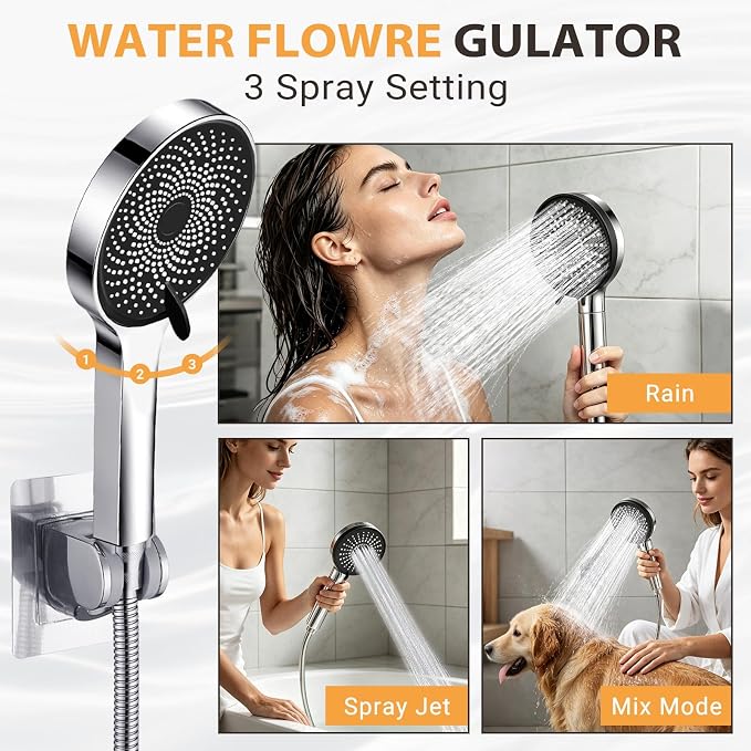 Shower Head,10”Rain Shower Head with Handheld Spray Combo with 11'' Angle Adjustable Extension Arm/Flow Regulator/Shower System,High Pressure Rainfall Shower Head Clean Bathroom,Matt Black