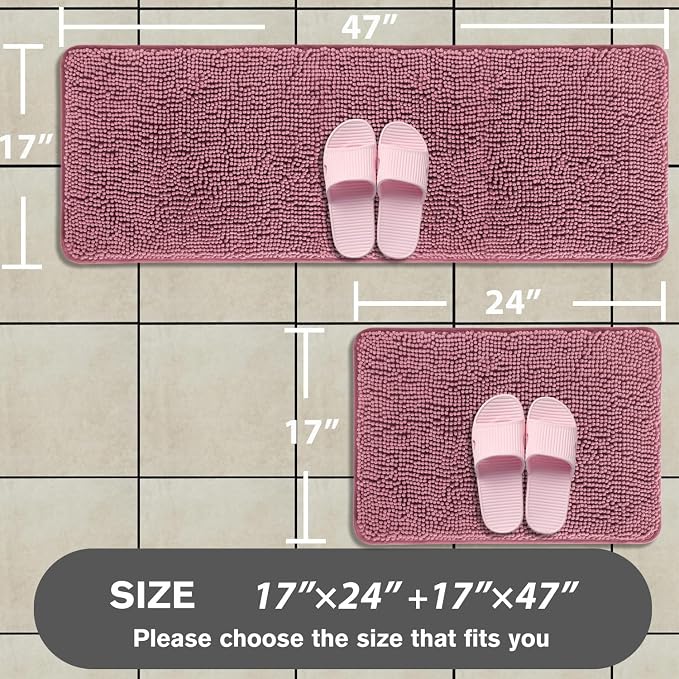 Bathroom Rugs Sets 2 Piece – Absorbent and Washable Bath Mat, Non-Slip, Thick Soft Chenille Bath Rugs for Bathroom Floor, Shower, Sink(17" x 24"+17" x 47", Dusty Rose)