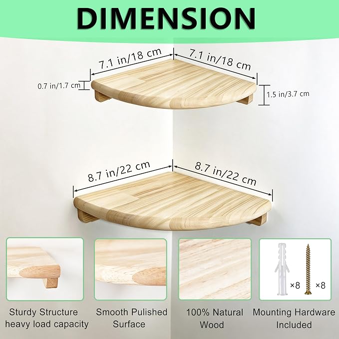 Floating Corner Shelves, 2 Pack Solid Wood Round End Wall Mount | 8.7"& 7.1" sizes with cable hole, holds small decor, plants & speakers; ideal for bedroom, kitchen, living room, bathroom