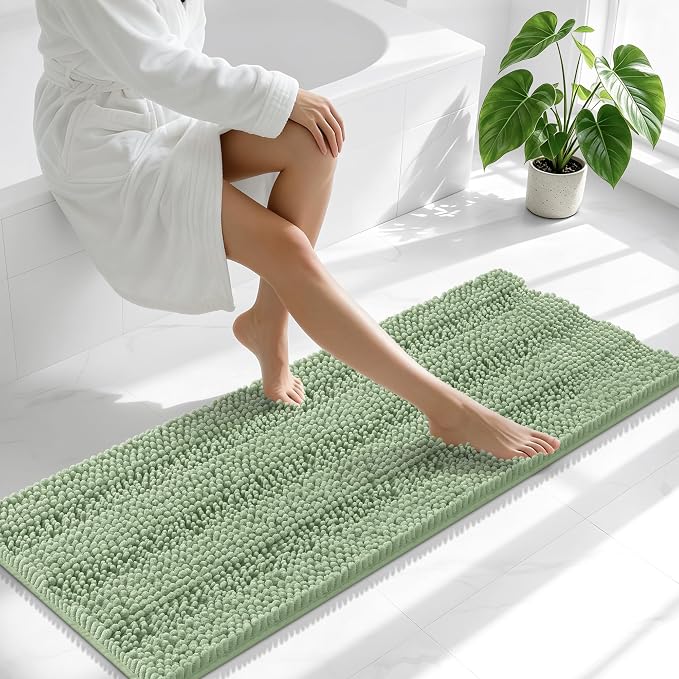 Smiry Thick Chenille Bathroom Runner Rugs 44x24, Soft Bath Mat, Sage Green | Quick‑Dry & Machine Washable, Non‑Slip Bath Carpet, Striped Bath Rugs for Tub & Shower, Modern Home Decor Accessories