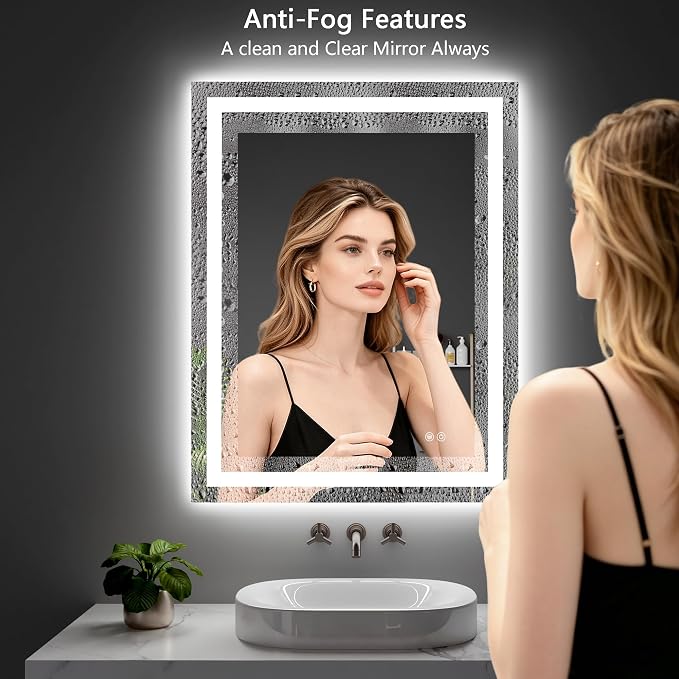 LED Bathroom Mirror 28"x36" Inch Lighted Bathroom Vanity Mirror with Lights, Brighter Frontlit and Backlit Light up Anti Fog Mirror, Tempered Glass, 3-Color Dimmable, Memory Function
