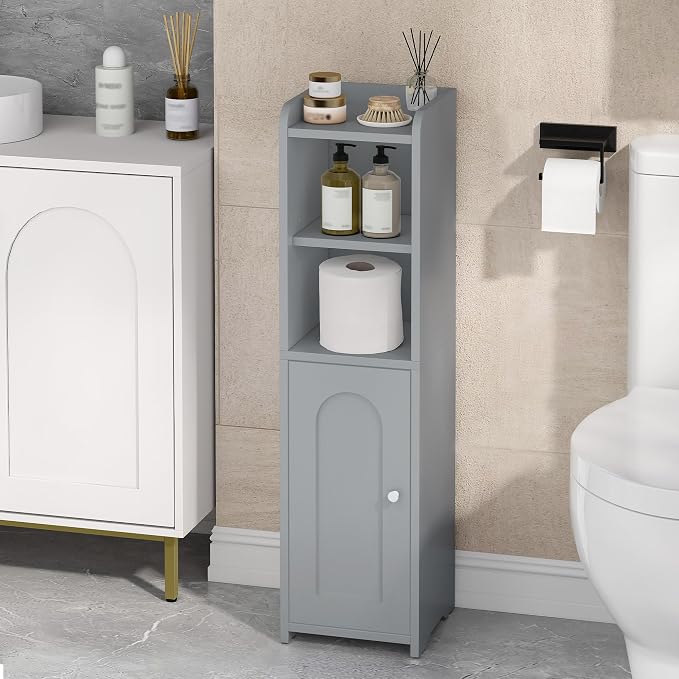 Hzuaneri Bathroom Storage Cabinet, Narrow Toilet Paper Cabinets with Doors | Small Corner Floor Cabinet with Doors and Adjustable Shelf, Bathroom Organizer for Small Spaces, Gray BC19721X