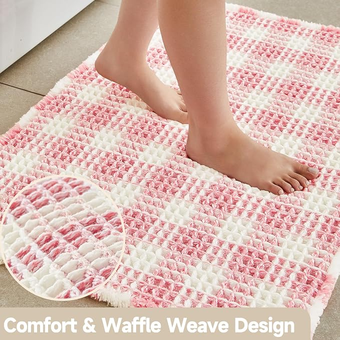 TYUU Waffle Bath Mat, Boho Bathroom Rugs Non Slip Washable Absorbent Checkered Bathroom Mat Quick Dry Cute Bath Mat, 24"x16" Pink and White