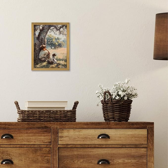 Wood Framed Canvas Wall Art, Vintage Boy and Dog Painting Poster, Countryside Pastoral Landscape Print Picture, Rustic Farmhouse Wall Decor for Living Room Bedroom Nursery 8x10 inch