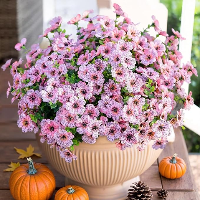 Artificial Flowers for Outdoor Indoor Garden Home Decoration, Faux Flower Daisy with Eucalyptus Leaves Fake Plants Greenery Boxwood Porch Patio, 12 Bundles (Pink)