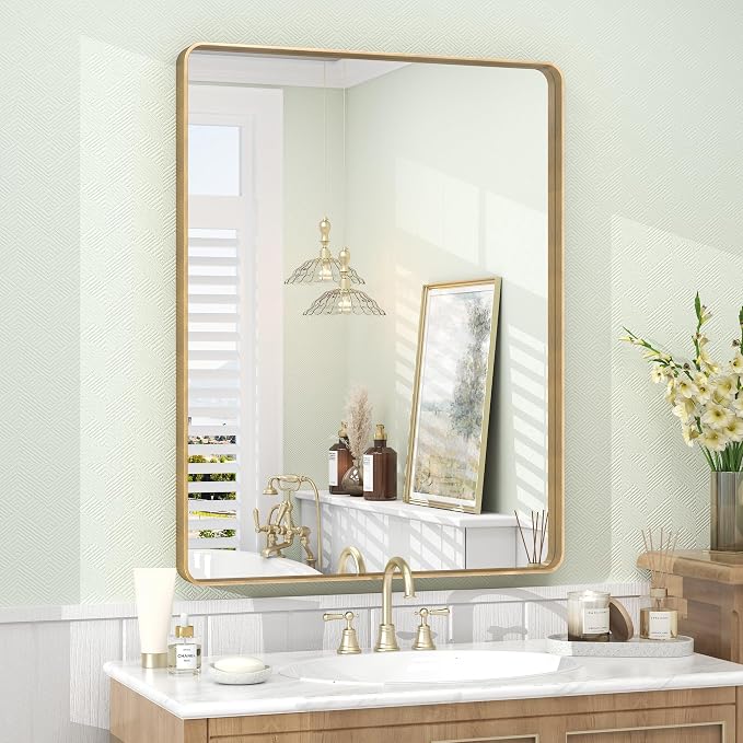 24x32 Inch Gold Framed Bathroom Mirror for Wall | Brushed Gold Metal Frame, Rounded Rectangle Vanity Mirror, Anti-Rust, Shatterproof, Hangs Horizontally or Vertically