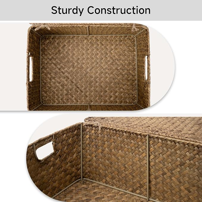 StorageWorks Wicker Storage Basket with Lid, Large Basket with Lid, Brown | Woven Baskets with Lids for Shelves, Wicker Storage Baskets with Lids, Decorative Box, Lidded Baskets for Organizing, 1 Pack