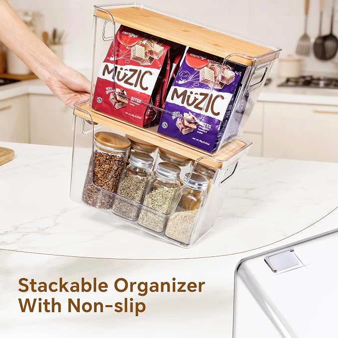 2 Large and 2 Small Pantry Organizers and Storage with Bamboo Lids, Stackable Clear Bins for Onion, Potato, Fruit, Vegetables, Trash Bag Dispenser, Kitchen and Under Sink Organizer