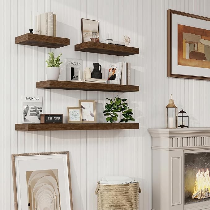 Marsmiles 9.25in Depth 36in Floating Shelves, 36x9.25x1.4, Walnut, Set of 2 | Wall Mounted Engineered Wood Shelves, Invisible Brackets for Living Room, Bedroom, Bathroom, Kitchen Decor and Storage