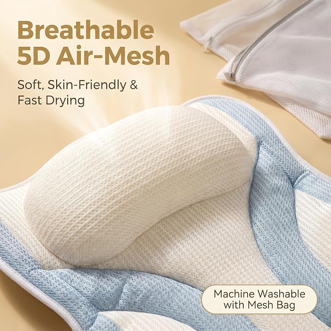 Blue White Bath Bathtub Pillow Spa Pillows for Tub. | Bath Pillow With Comfortable Soft 5D Mesh Fabric Suction Cups Head Neck Back Support Women`s Men`s Relaxing Bathing Gifts