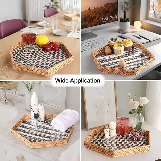 Hexagon Rattan Tray with Mother of Pearl Inlay, Rattan Serving Tray for Coffee, Bread, Fruits, Snacks, Decorative Wicker Tray for Table Decor, Home Decor (Black Fish, 14.5"×12.8")