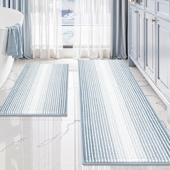 Bathroom Rugs and Mats Sets, 2 Piece Thick Absorbent Chenille Bath Mat Rug Set Non Slip, Soft Shaggy Bath Room Floor Mats for Bathroom, Machine Washable (20" x 47" Plus 20" x 32",Ice Blue)