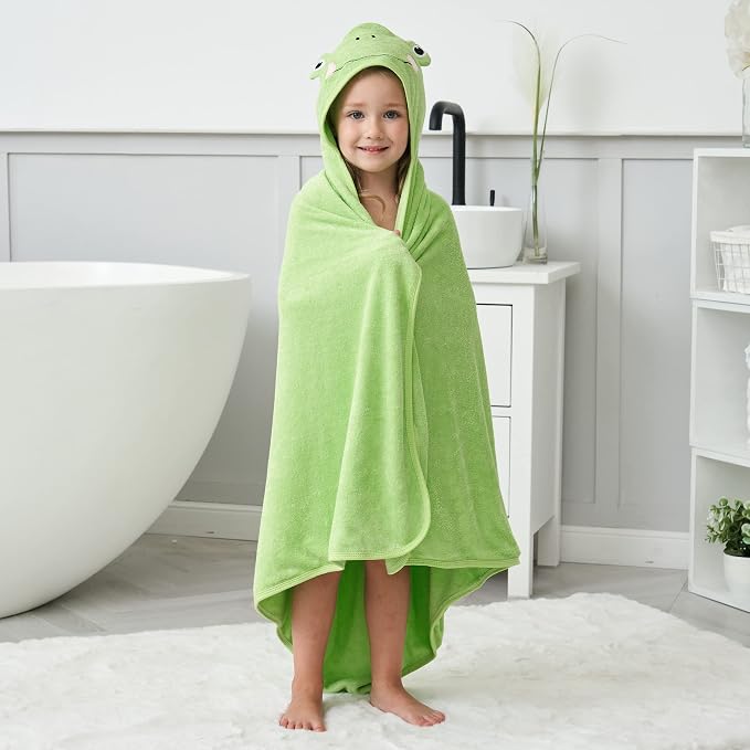 HIPHOP PANDA Ultra Soft Hooded Baby Towel - 2-Layer Thick 500GSM Absorbent | Rayon Made from Bamboo, Hooded Bath Towel for Newborn, Infant, Toddler, Baby Registry - Frog, 30x40 In