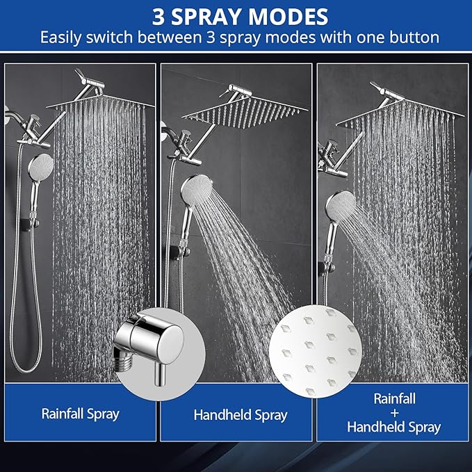 Shower Head, 10'' High Pressure Rainfall/Handheld Shower Combo, Chrome | 9 Settings, Anti-leak Shower Head with 11'' Extension Arm, Holder, Hose, Height/Angle Adjustable Shower, 1.75GPM