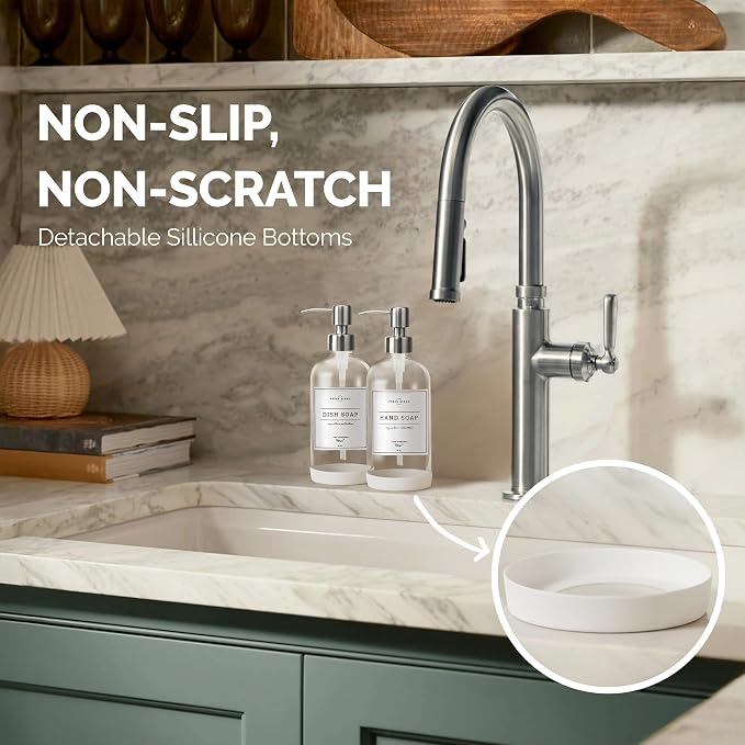 Vine Creations Clear Glass Soap Dispenser, 2 Pack Kitchen Soap Dispenser Set with Stainless Steel Pump, 16 oz Hand Soap or Dish Soap for Bathroom or Kitchen with Waterproof Labels
