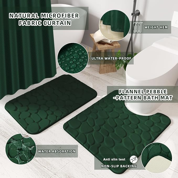 Bathroom Sets with Shower Curtain and Rugs Bathroom Accessories Set Dark Green Bathroom Set,Soap Dispenser & Toilet Brush Holder Set with Stainless Steel Trash Can(23 PCS)