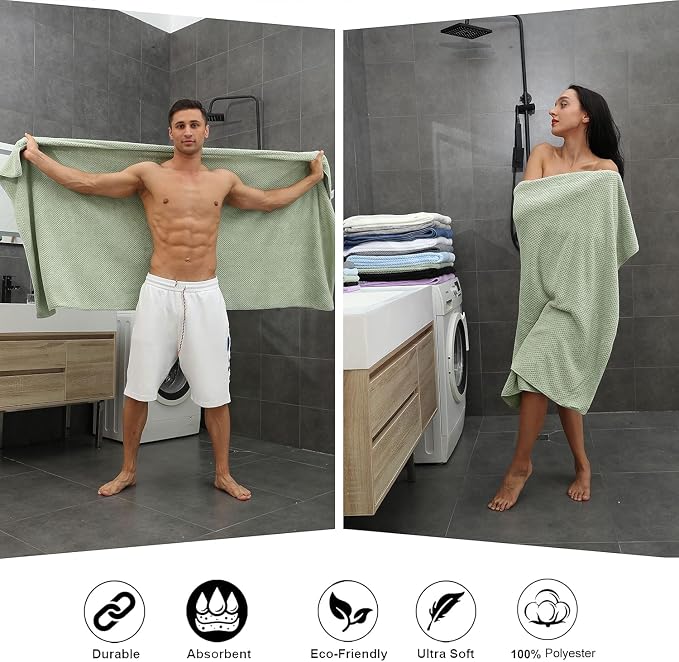 8-Piece Bath Towel Set, 2 Extra Large Bath Towel Sheets, 2 Hand Towels and 4 Washcloths - Highly Absorbent Quick Dry Polyester,Ultra Soft Towel Set for Bathroom, Waffle Weave Design, Pack of 8, Green