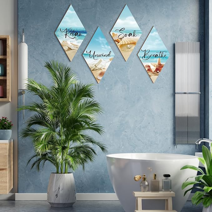 FairySandy 4 Pcs Sea Bathroom Wall Decor 11.8 x 6.69 Inch Seashell Restroom Wall Art Bathroom Coastal Decoration Ocean Sea Minimalist Relax Soak Unwind Breathe Sign for Bedroom Living Room Restroom