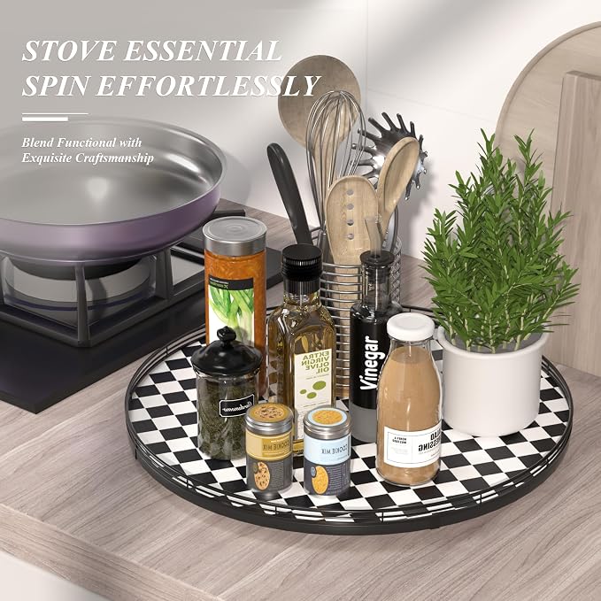 AMH 21-Inch Black and White Checkerboard Lazy Susan Decorative Tray | Smooth rotating oak tray with walnut finish for dining tables, kitchen counters, pantries and cabinet storage.
