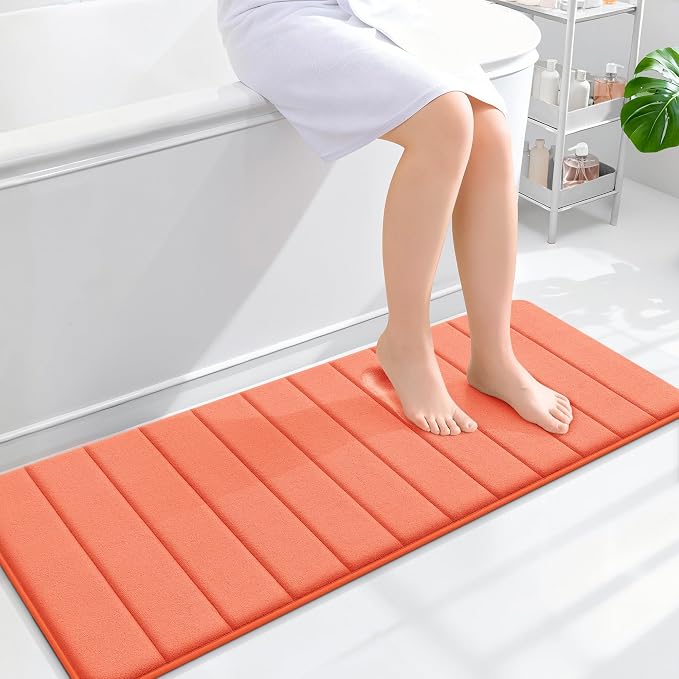 OLANLY Memory Foam Long Bathroom Rugs Runner 47x17, Super Soft Absorbent | Coral, Quick Dry Bath Mat, Machine Washable Shower Floor Rugs, Bathmat Carpet for Bathroom Floor, Tub and Shower