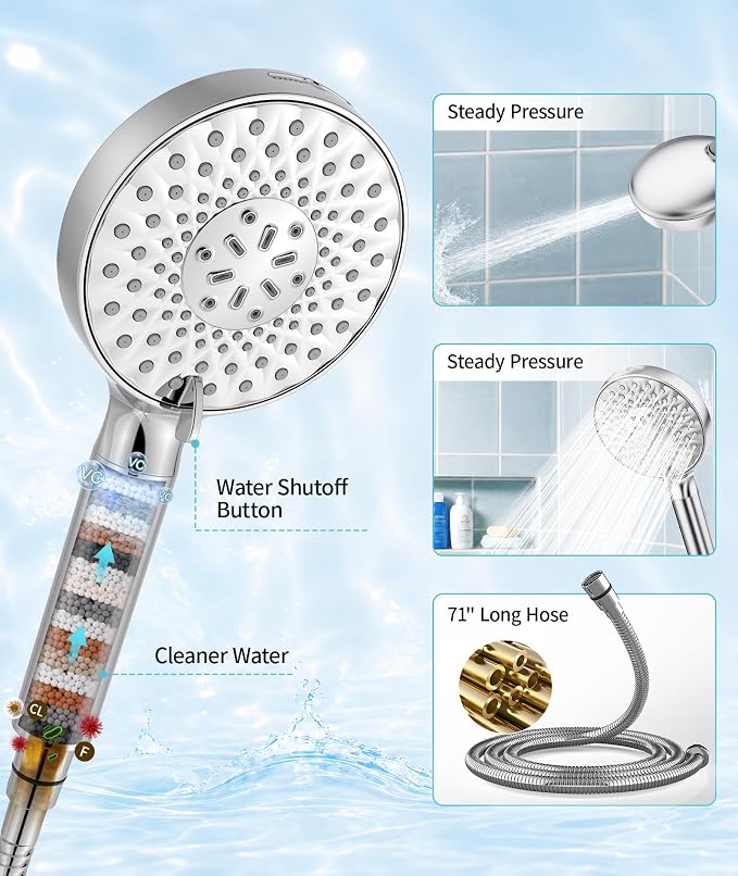 SR SUN RISE Filtered Shower Head with Handheld High Pressure 9 Spray Mode Showerhead Detachable Shower Head Water Softener Filters Beads for Hard Water Remove Chlorine 1 Filter Chrome