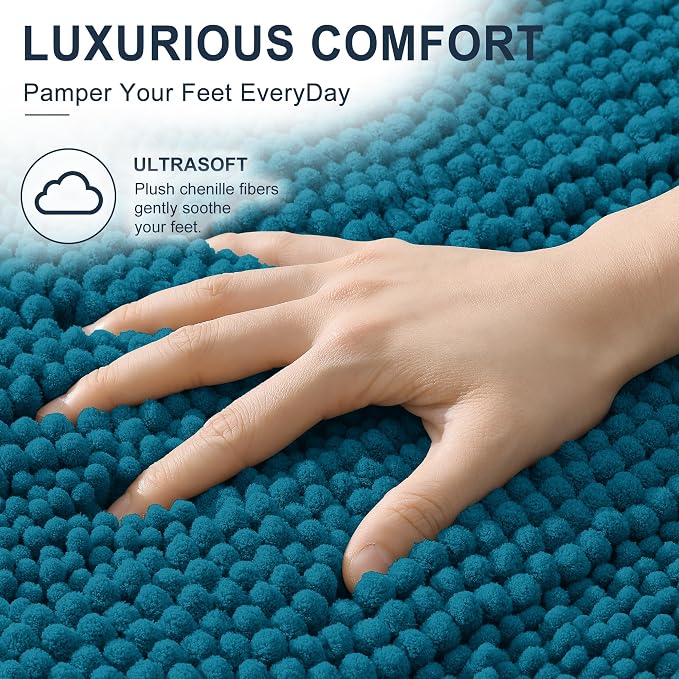 Smiry Thick Chenille Bathroom Runner Rugs 47x17, Bath Mat, Peacock Blue | Quick‑Dry & Machine Washable, Non‑Slip Bath Carpet, Soft Striped Bath Rugs for Tub & Shower, Modern Home Decor Accessories