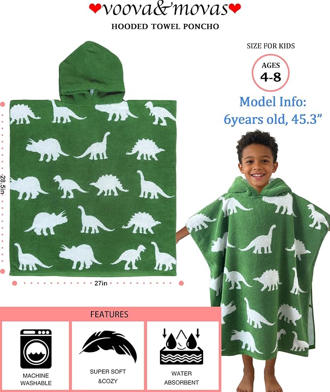 VOOVA & MOVAS Poncho Towel for Kids, 4-8 Years, 100% Cotton, Thick,Dino | 28"x28" Large Size, Cute Dinosaur Jacquard, Soft, Absorbent & Quick Dry, Fits Pool, Bathroom and Swimming