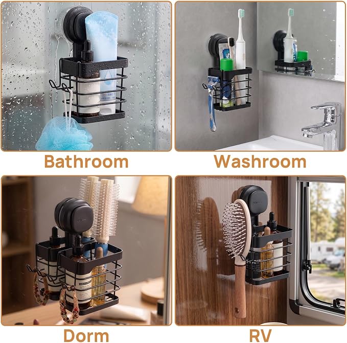 Upgraded Suction Cup Toothbrush Holder with Visible Safety Indicator, Black | Heavy Duty Stainless Steel Shower Electric Tooth Brush and Toothpaste Organizers, Removable, No Drilling, Anti-Puddling