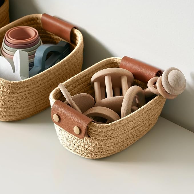 Beautiful Storage Basket Set of 5 - Sturdy Jute Rope Baskets for Shelves | Perfect for Organizing Your Home - Quality Storage Bins Easily Fit with Any Nursery or Bedroom Decor
