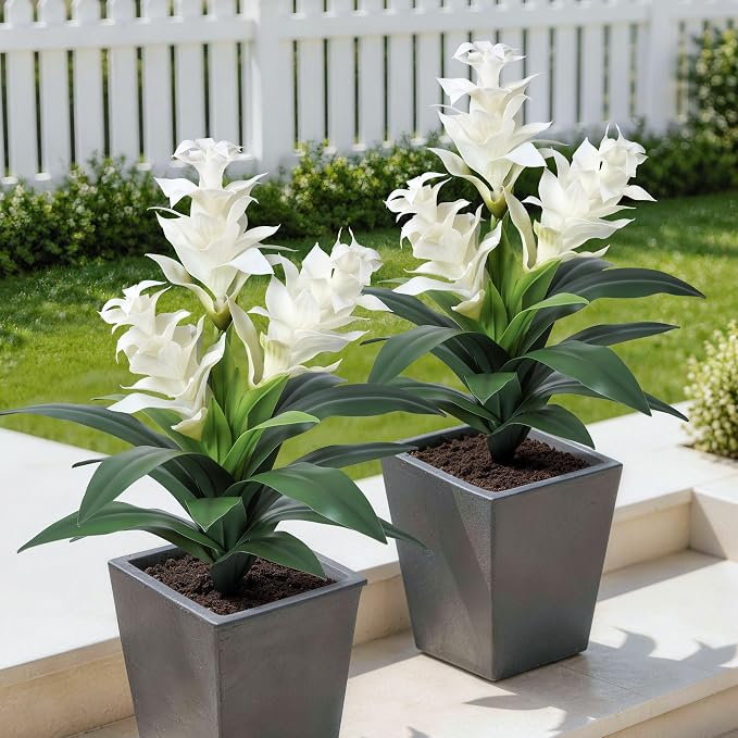 Ivydale Artificial Flowers for Outdoors, 2 Pcs 20.47" 3-Head Bromeliad Fake Plants UV Resistant Artificial Plants Outdoor Tropical Flowers for Planters Outside Porch Patio Yard Garden Indoor Decor