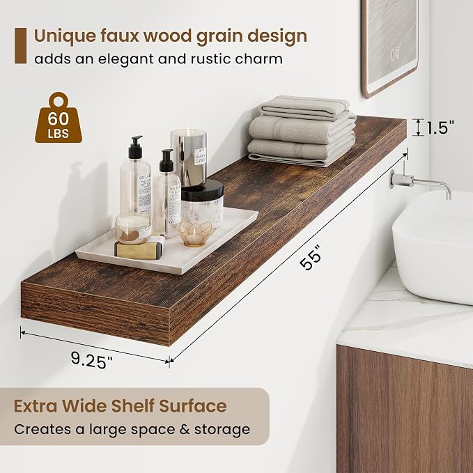 9.25in Depth 55in Floating Shelves, 55x9.25x1.4, Rustic Brown, Set of 1 | Long Wall Mounted Engineered Wood Shelves with Invisible Brackets for Living Room, Bedroom, Bathroom, Kitchen