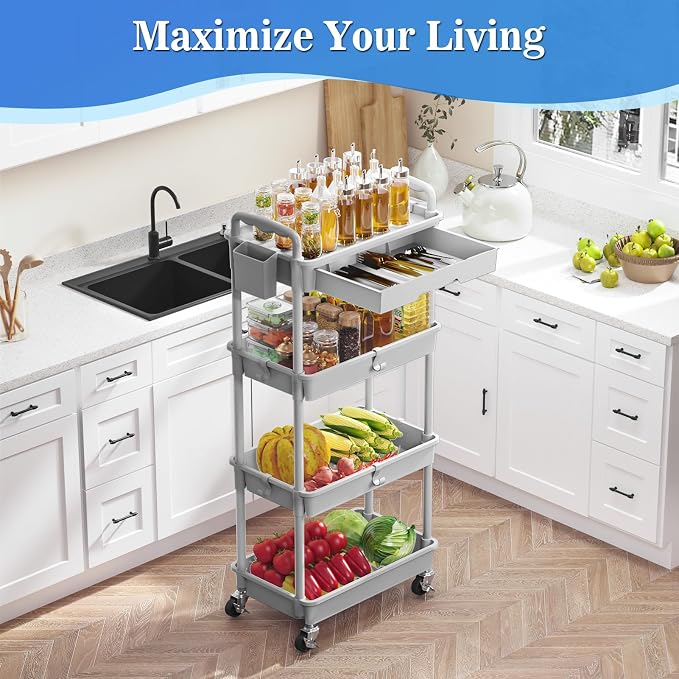 SUNALLY 4 Tier Rolling Cart with Drawer, Craft Storage Cart Organizer, Gray | Bathroom Storage Organizer with 2 Lockable Wheels, Rolling Utility Cart for Kitchen, Office, Baby, Makeup, Nail,Snack,Laundry