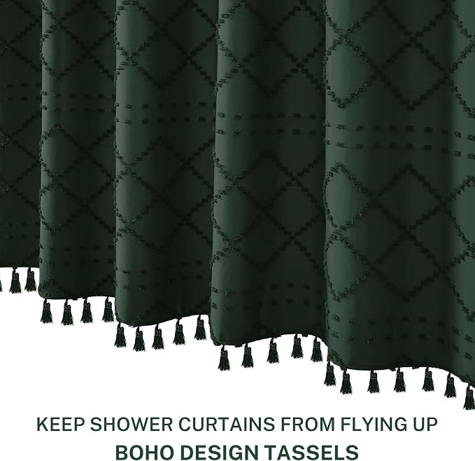 Siiluminisoy Extra Long Dark Green Boho Woven Fabric Cute 84 Inch Shower Curtain, 72 x 84 Tufted Chevron Textured Striped Modern Farmhouse Minimalist Cloth Shower Curtain for Bathroom